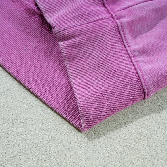 Bright Pink Solid Color Notched Neck Drop Shoulder Sweatshirt - Picture 10 of 11